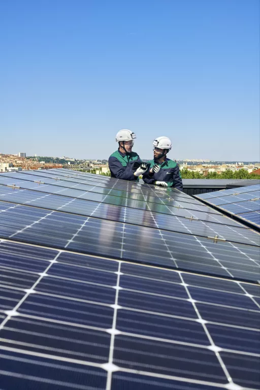  deux ouvriers du bâtiment derrière des panneaux solaires